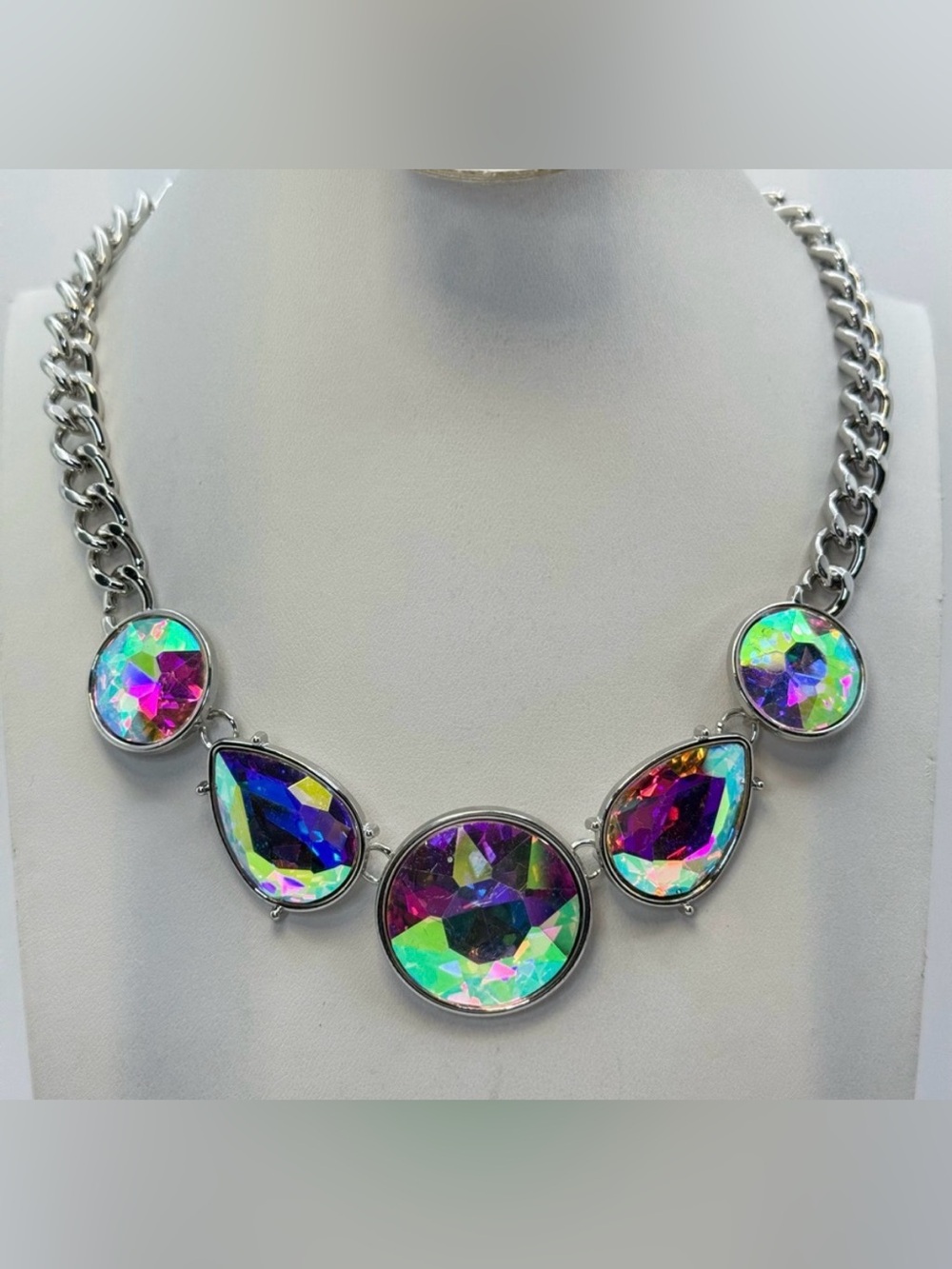 Silver Tone White AB Crystal Statement Necklace Iridescent Bib Glam